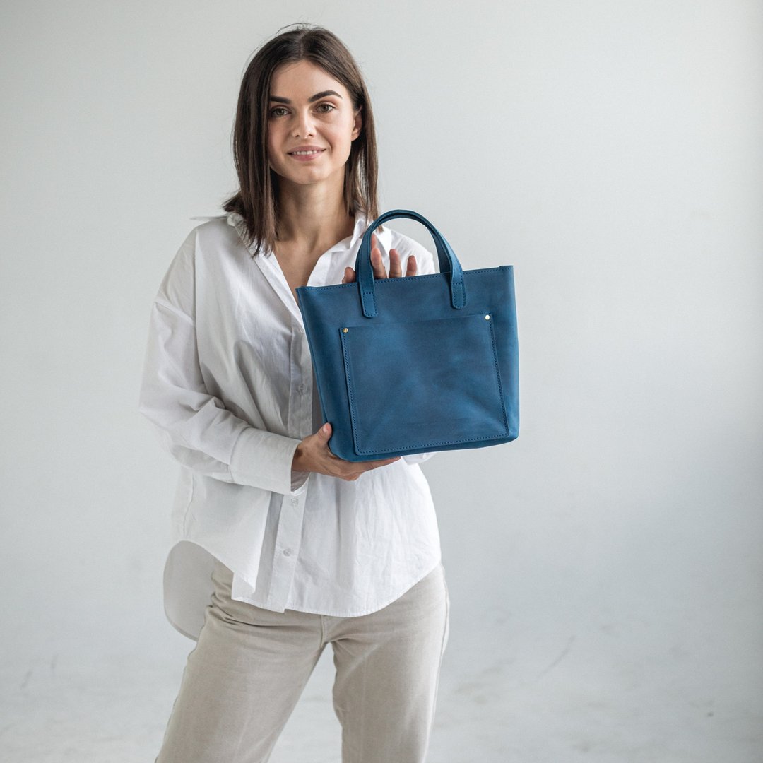 Electric Blue Leather Tote Bag for Everyday Use | Leather Women's Mini Tote Bag - 手提包/手提袋 - 真皮 蓝色