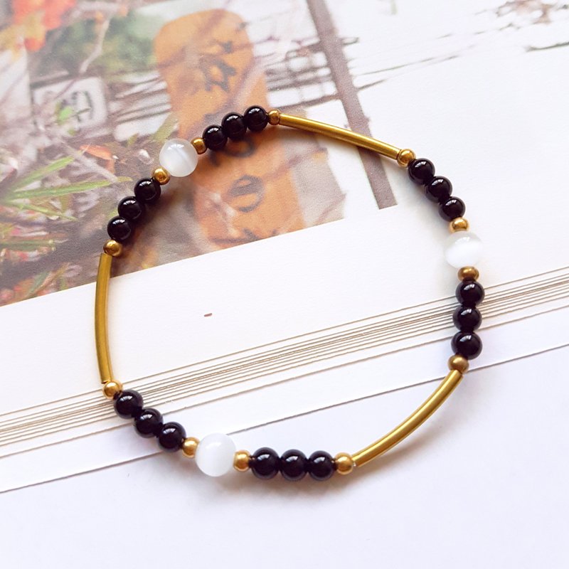 黑与白◆点线之间 白猫眼/黑玛瑙/黄铜 手链 礼物 定制设计 - 手链/手环 - 其他金属 