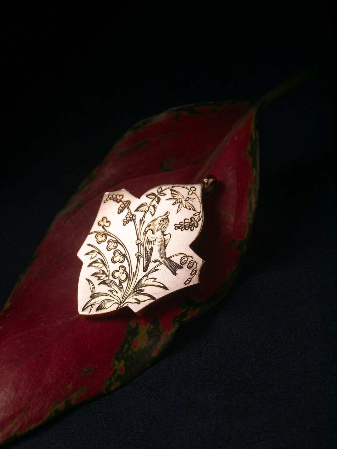 1890s 英国 花鸟盾型两用胸针相片坠 - 项链 - 银 金色