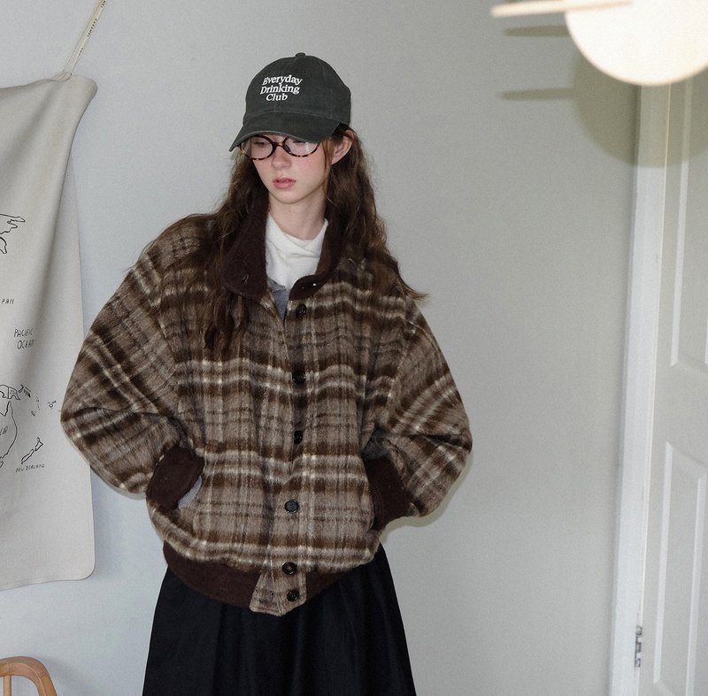 艺术系女孩 / 格纹拉毛立领短外套 / 羊毛混纺 - 女装休闲/机能外套 - 其他材质 咖啡色