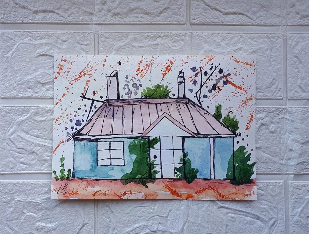 粉红屋顶的房子，水彩画，艺术品，建筑，艺术。 - 墙贴/壁贴 - 纸 多色