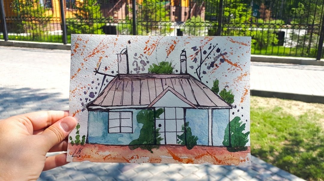 粉红屋顶的房子，水彩画，艺术品，建筑，艺术。 - 墙贴/壁贴 - 纸 多色