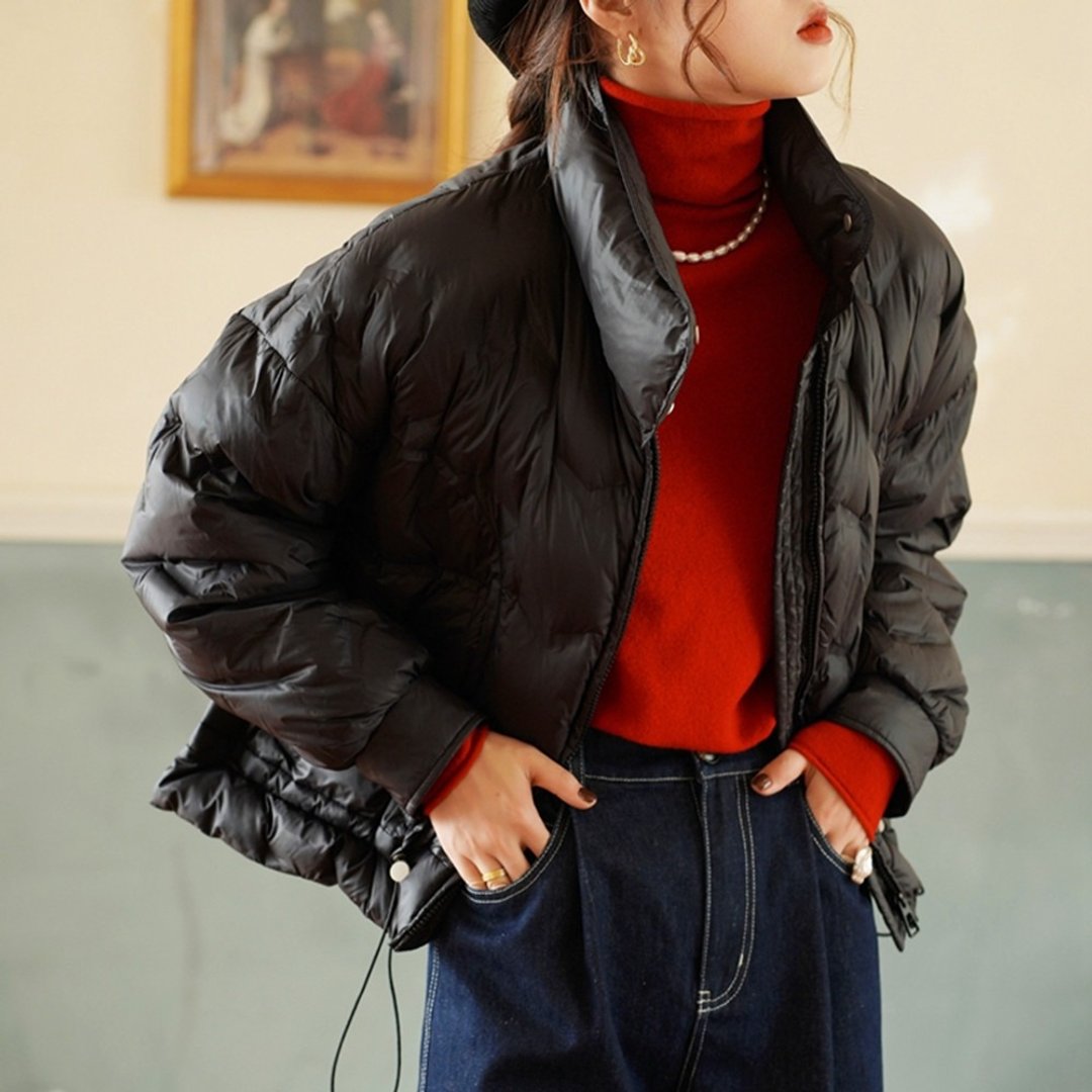 經典耐穿黑色 奶呼呼 90%白鴨絨復古立領短款羽絨服 保暖通勤外套 - 女装休闲/机能外套 - 聚酯纤维 黑色
