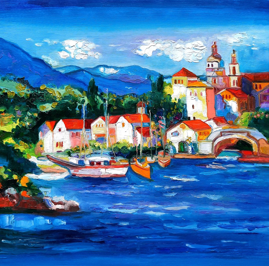 油畫原作 Italy Painting 手工油畫 Original Art 油畫 Oil Painting Sailboat Art Wall Decor - 墙贴/壁贴 - 其他材质 蓝色