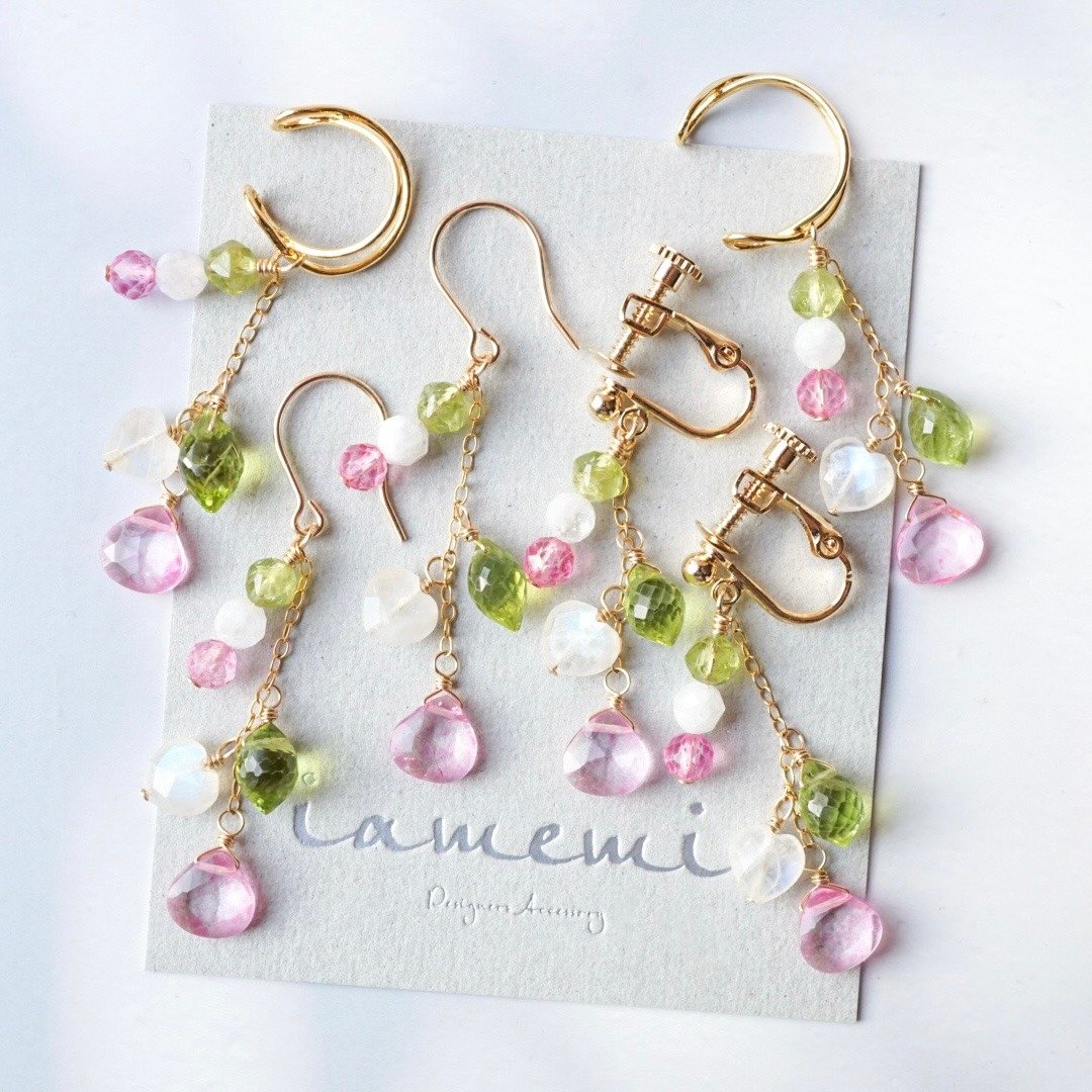 “花比米香”天然石 耳环 耳夹 诞生石 春色 日式点心 三色团子 迷你 K18 K14 金属过敏对应 - 耳环/耳夹 - 宝石 粉红色