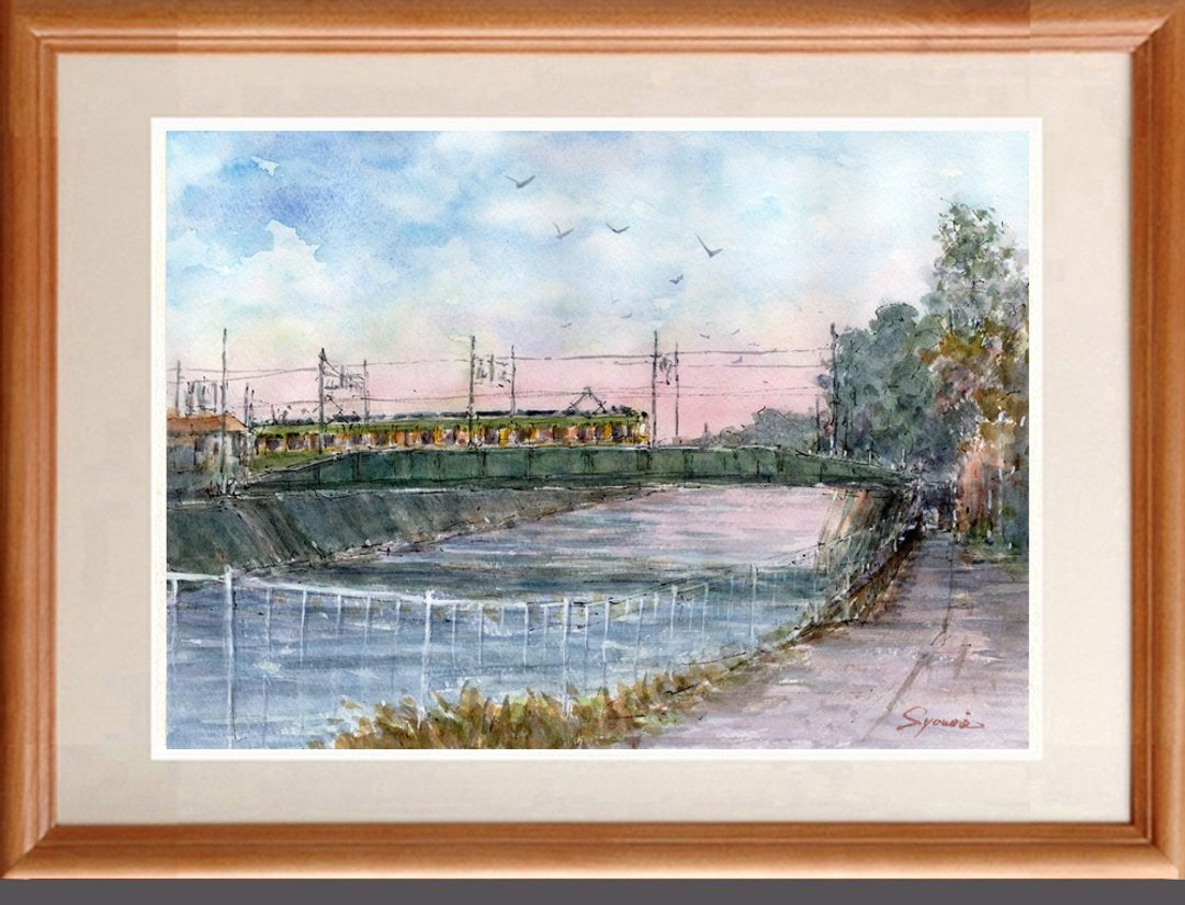 水彩原画：黄昏时分穿越堺川的江之电 - 海报/装饰画/版画 - 纸 绿色