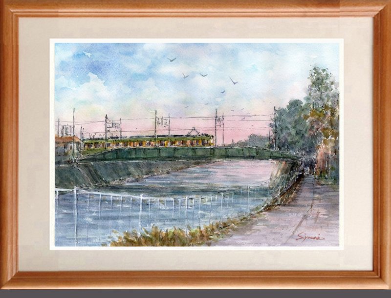 水彩原画：黄昏时分穿越堺川的江之电 - 海报/装饰画/版画 - 纸 绿色