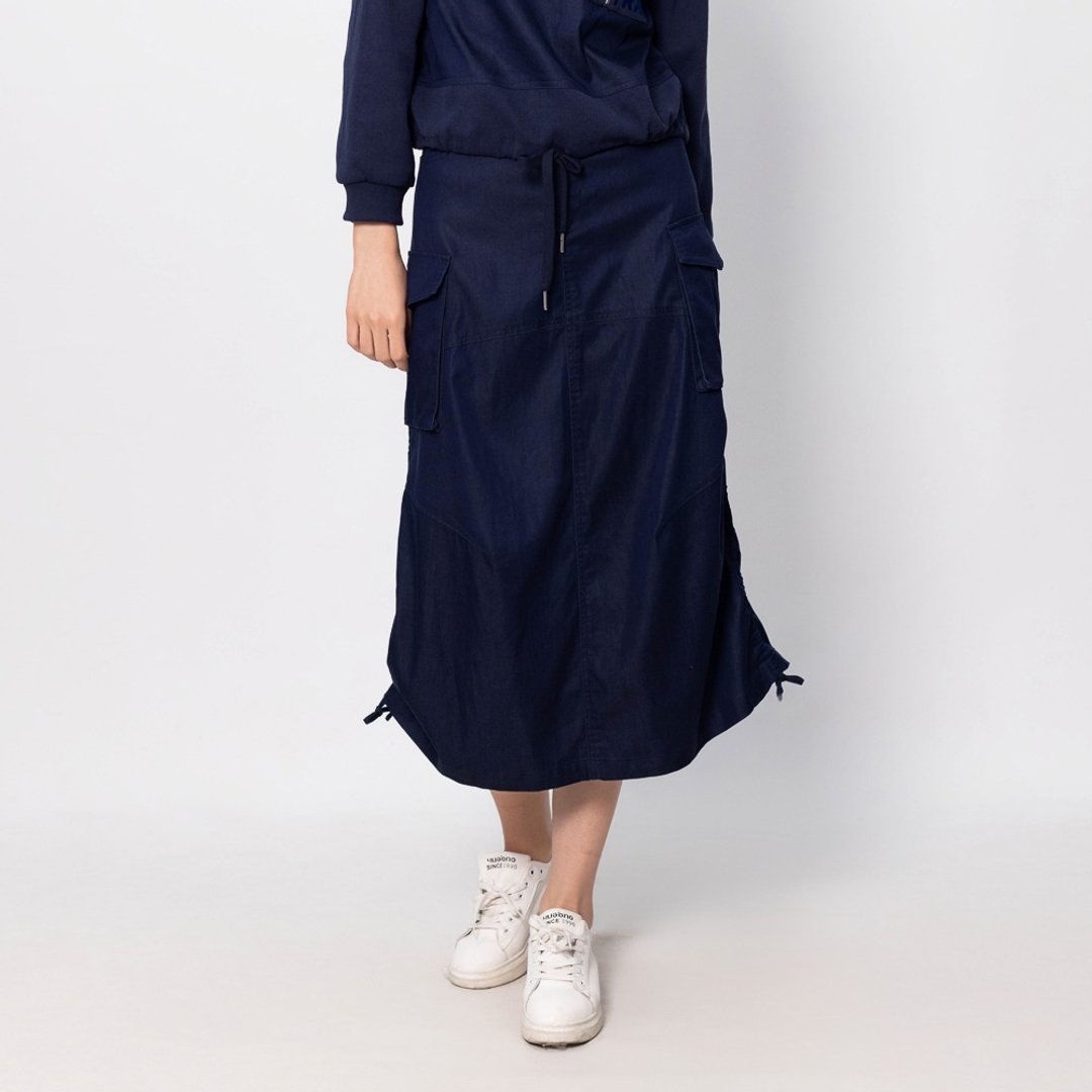 【MEDUSA】蓝色抽绳纯棉中长裙(M-XL) | 休闲长裙 抽绳长裙 - 裙子 - 棉 蓝色