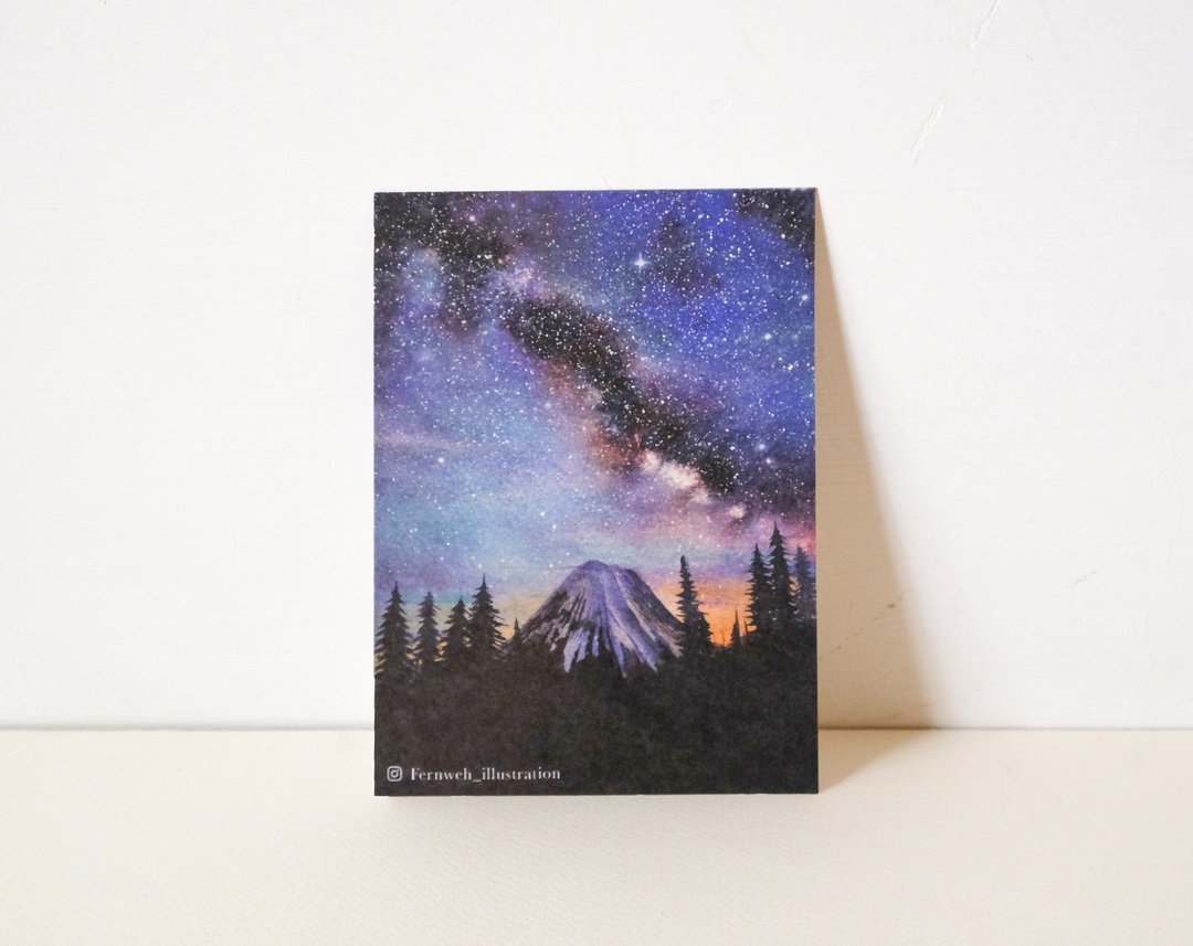 银河下的火山・摘得星辰满袖行・水彩手绘明信片 - 卡片/明信片 - 纸 紫色