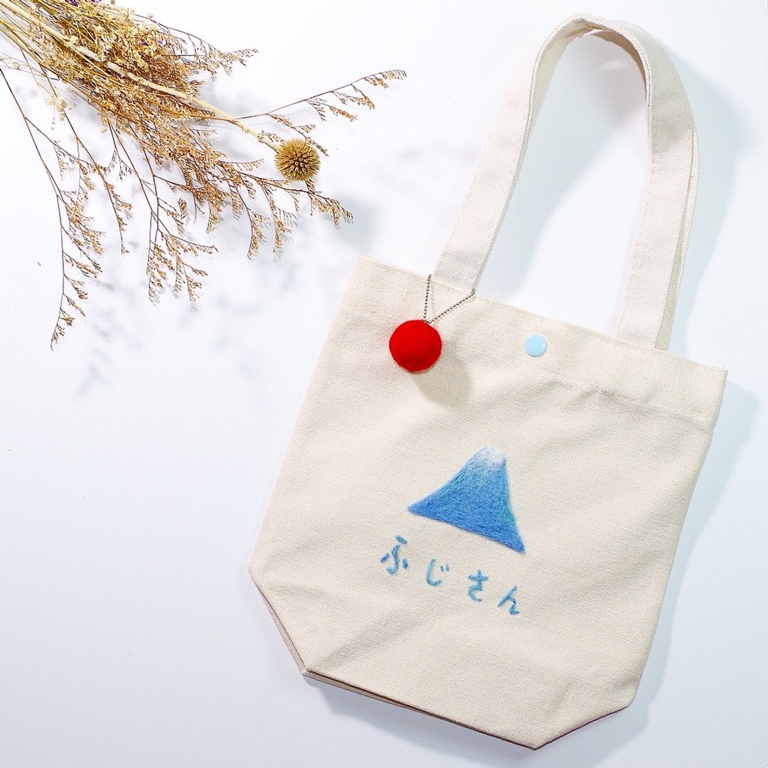 羊毛毡刺绣 富士山 帆布 小提袋 - 手提包/手提袋 - 羊毛 蓝色
