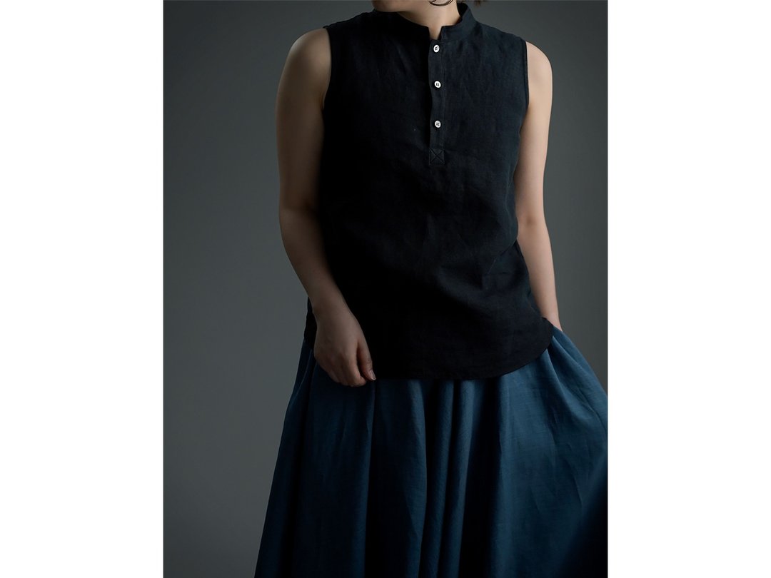 Lightweight Linen Standing Collar Tank Top / Black p005b-bck1 - 女装上衣 - 亚麻 黑色