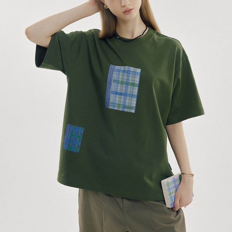 格纹数码印花 宽松圆领T恤 绿色纯棉短袖TEE - 中性连帽卫衣/T 恤 - 棉．麻 绿色