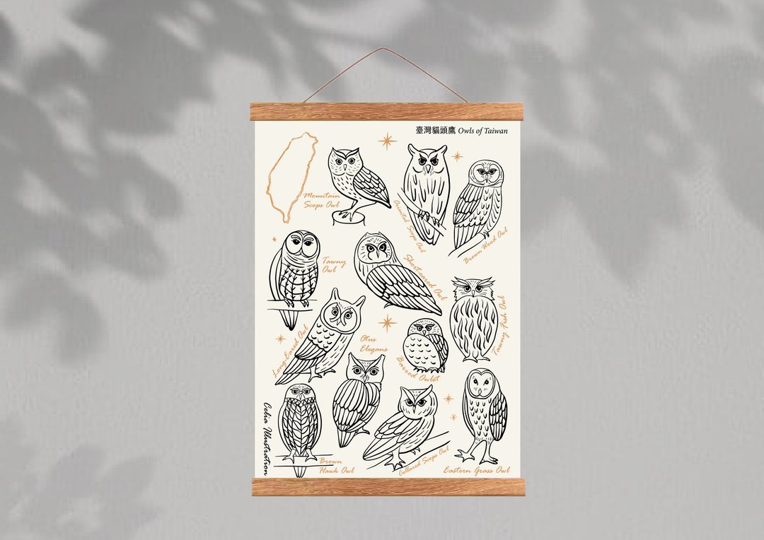 A3猫头鹰插画挂画(含木头挂轴)_简约手绘线条款 - 年历/台历 - 纸 多色