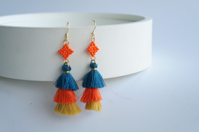 橙色串珠流苏长耳环 - 金工/饰品 - 其他材质 