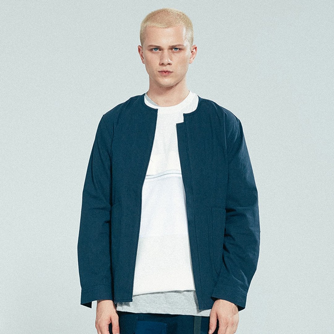 Collarless Shirt Jacket长袖圆领衬衫夹克 藍色/橙色 山系户外 - 男装衬衫 - 棉 多色