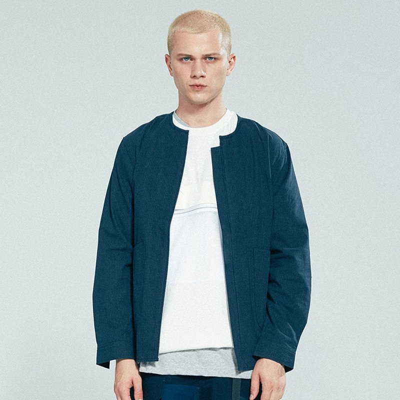 Collarless Shirt Jacket长袖圆领衬衫夹克 藍色/橙色 山系户外 - 男装衬衫 - 棉．麻 多色