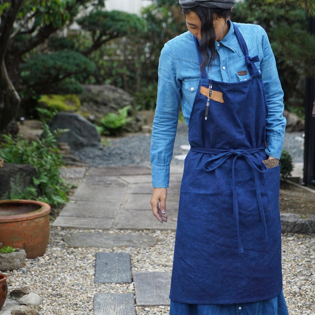 cafe apron  /natural indigo - 围裙 - 棉 蓝色