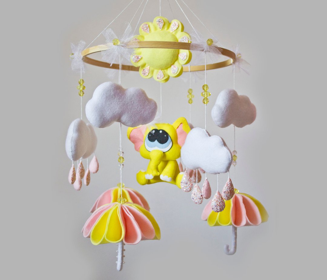 Baby mobile elephant sun clouds and umbrellas, Baby crib mobile girl nursery - 玩具/玩偶 - 环保材料 多色