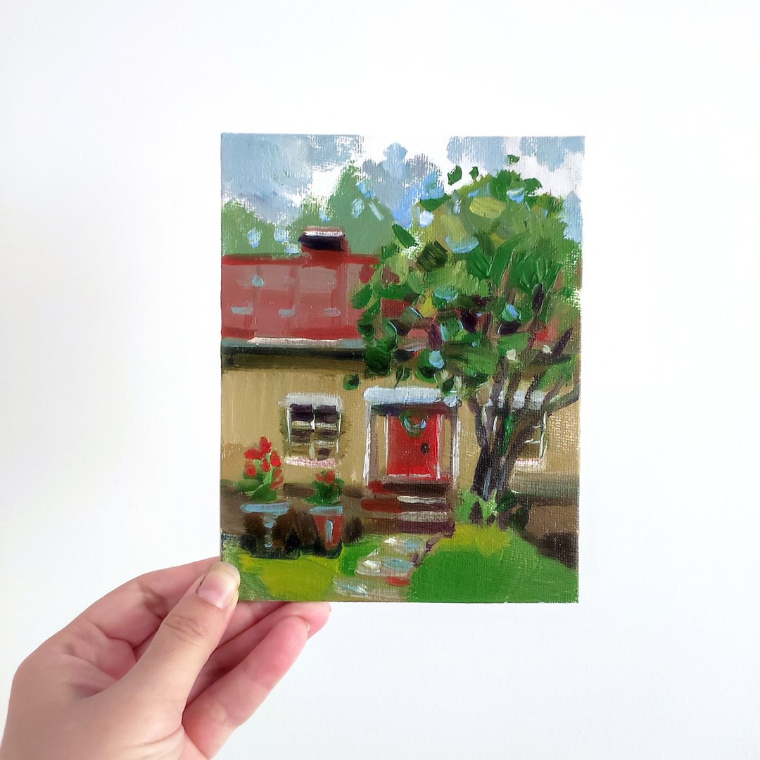 原创油画房子风景。夏天的房子画小画 - 海报/装饰画/版画 - 其他材质 绿色