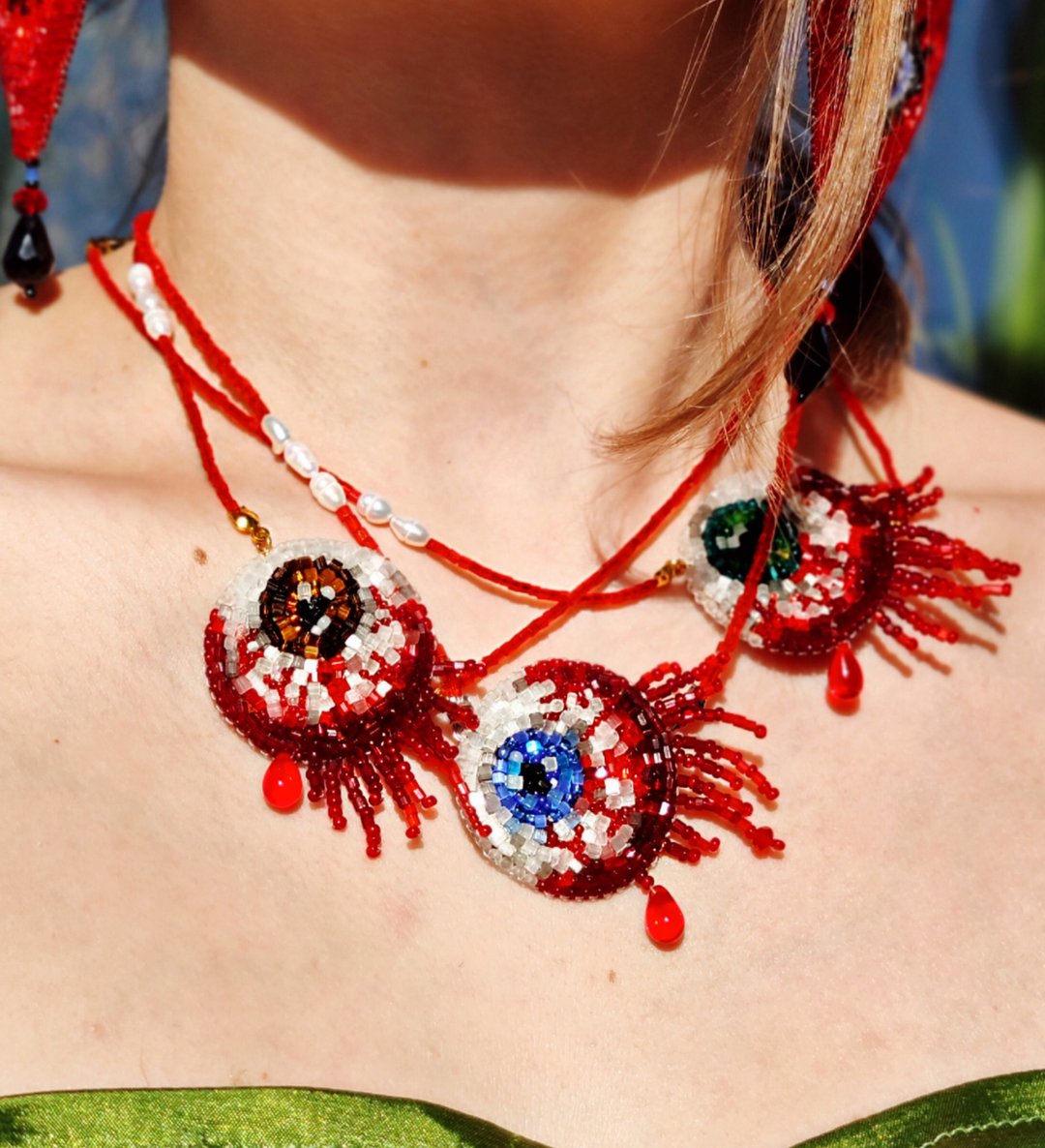 Eye necklace made of beads and pearls, choker in the form of an eye - 项链 - 琉璃 多色