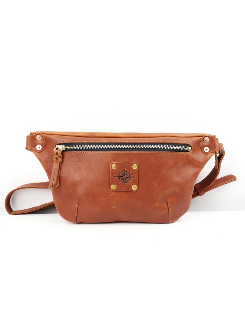 复古牛皮腰包 手工真皮胸前包侧背包 斜跨单肩包 机车旅行运动 - 侧背包/斜挎包 - 真皮 咖啡色