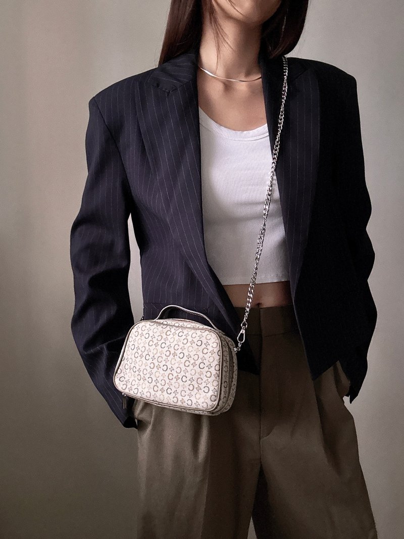 中古正品Celine凯旋门橄榄绿皮革手提包 化妆包 斜背包意大利制 - 侧背包/斜挎包 - 棉．麻 白色