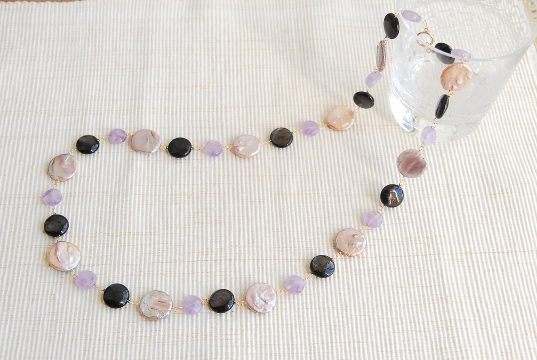 Long necklace with large coin pearl and 2 kinds of Stone 14kgf - 项链 - 珍珠 紫色