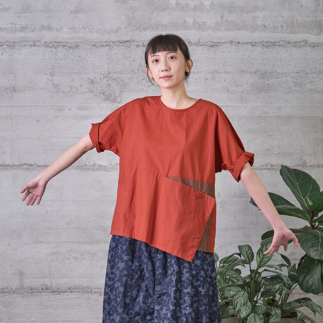 错位不对称单扣拼接上衣 - 女装上衣 - 棉 红色