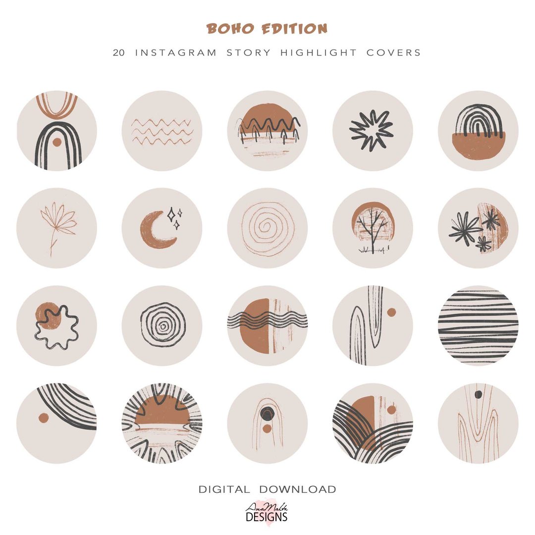 Boho instagram story highlight icons. Hand drawn covers. Download 1080 x 1920 px - 手机配件 - 其他材质 咖啡色