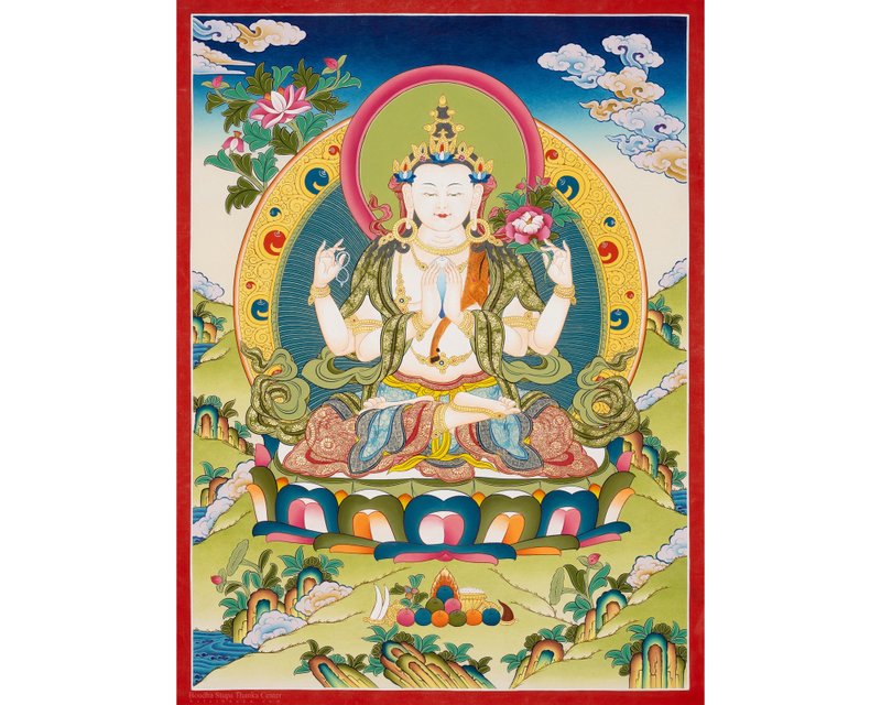 西藏唐卡画布上的四臂观音佛像家居祝福 老種 送朋友 項鍊 天然 - 摆饰 - 其他材质 多色