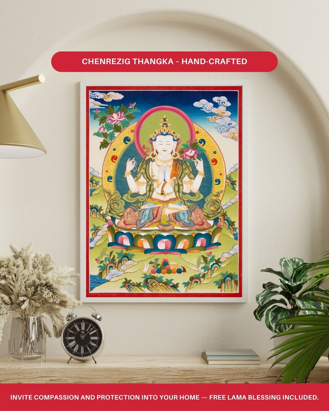 西藏唐卡画布上的四臂观音佛像家居祝福 老種 送朋友 項鍊 天然 - 海报/装饰画/版画 - 其他材质 多色