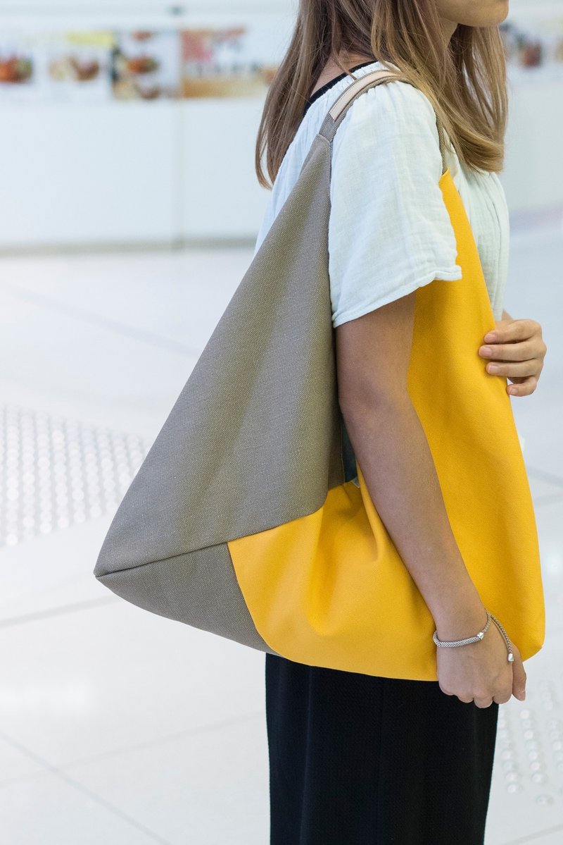 大地系三角布袋 小的 土壤色/黄色 帆布 - 侧背包/斜挎包 - 棉．麻 咖啡色