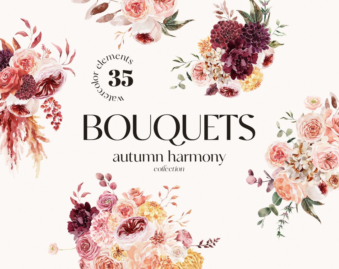 Watercolor Autumn Floral Bouquets Collection, Autumn Leaves Digital Clipart - 图文模板设计 - 其他材质 