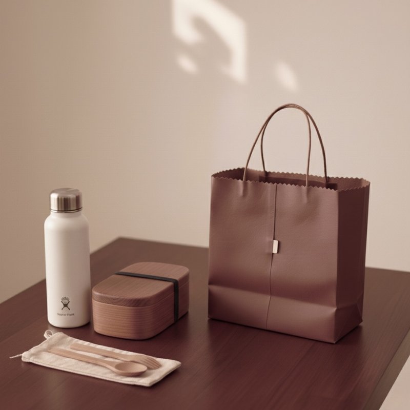 真皮纸袋风托特包 牛皮咖啡色 折叠收纳手提袋 - 手提包/手提袋 - 真皮 咖啡色