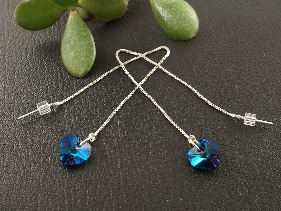 Blue Indigo Heart Swarovski Crystal Ear Threaders Long Chain Earrings Jewelry - 耳环/耳夹 - 水晶 蓝色
