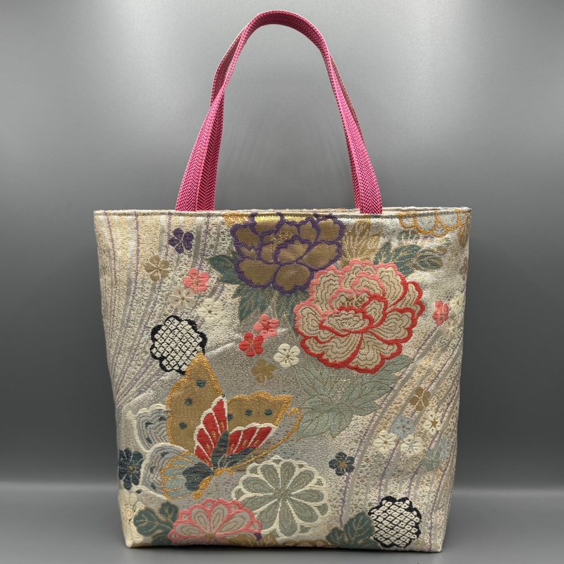 和服 腰带 和服绳结 手工 托特包 改造 粉色 金色 佐贺锦 花蝶文 正绢 - 手提包/手提袋 - 丝．绢 银色