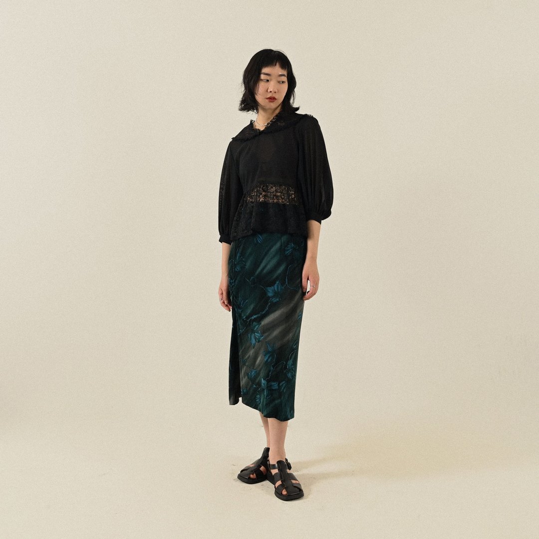 【NaSuBi Vintage】绘彩印花抽褶针织古着裙 - 裙子 - 其他人造纤维 绿色