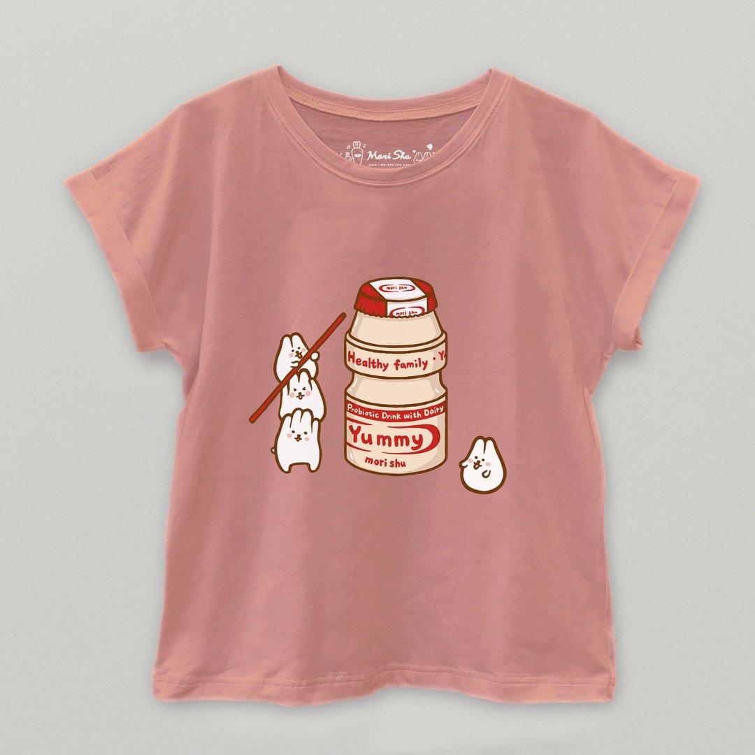 麻糬兔多多 Yakult T-shirt - 女装上衣 - 棉 粉红色
