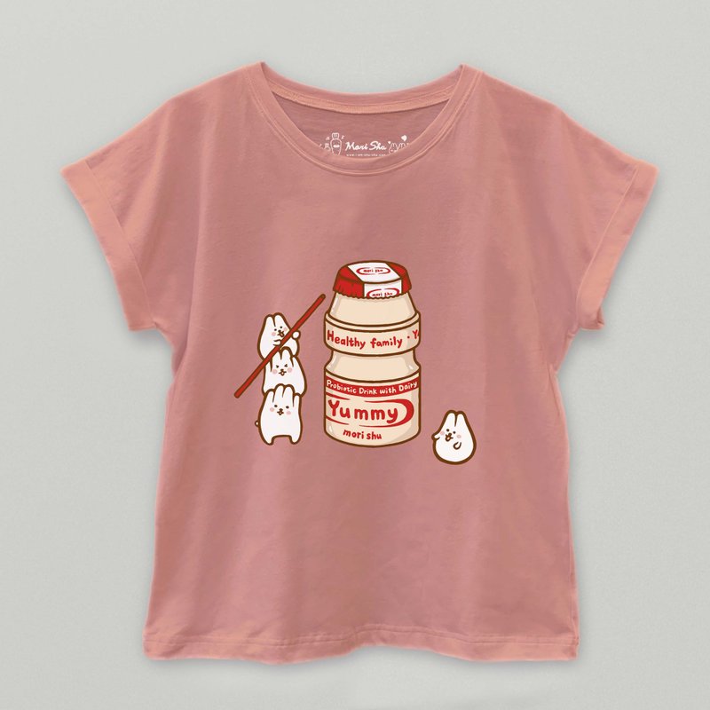 麻糬兔多多Yakult T-shirt - 女装上衣 - 棉．麻 粉红色