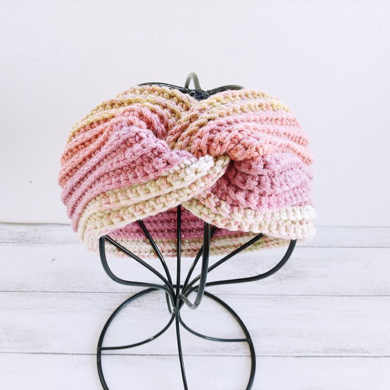 限量一件 宽版喷点渐层段染棉柔毛线手工编织发带 - 发带/发箍 - 羊毛 粉红色