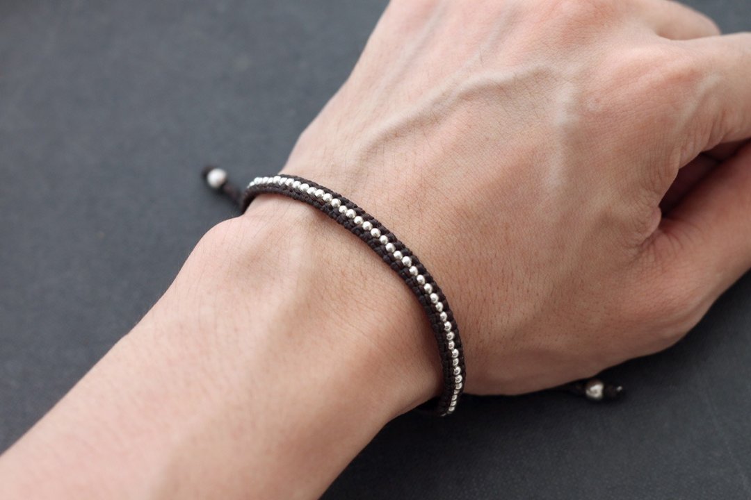 Men Unisex Woven Bracelets Silver Beaded Brown Cord - 手链/手环 - 纸 咖啡色