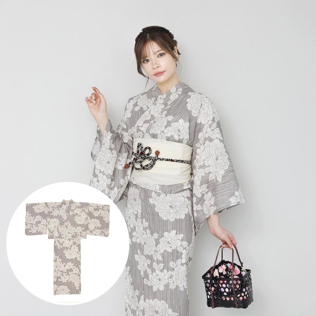 日本 和服 女性 两件式 浴衣 腰封 套组 F size x14h-21 - 其他 - 棉 白色