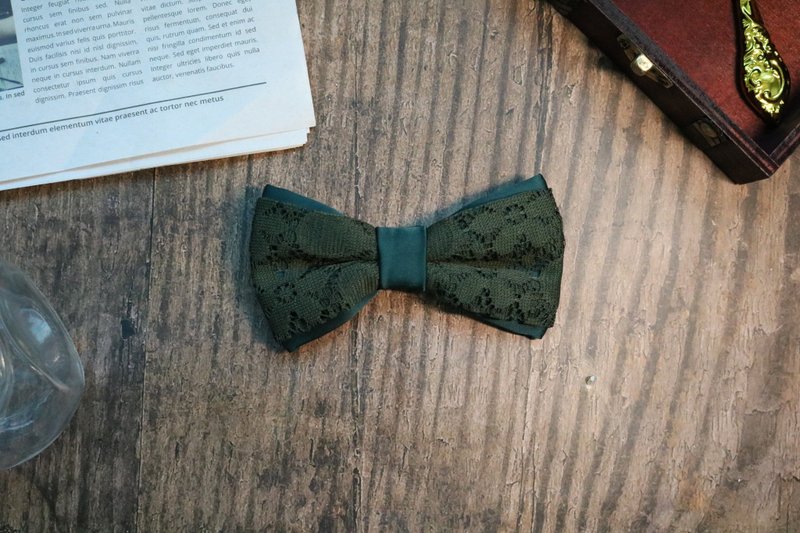 墨綠色雙層領結蕾絲包真絲小清新蝴蝶結 - 领结/领巾 - 丝．绢 绿色