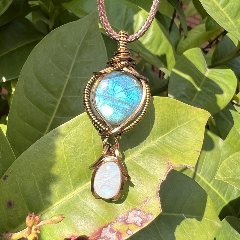 订制请私讯 天然拉长石月光石项链 金属编织 水晶原矿 手作设计 - 项链 - 宝石 