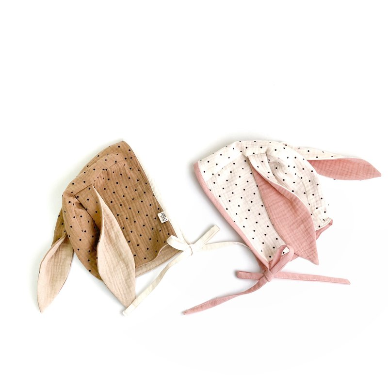 【现货单品】兔子的浪漫主义 | 点点棉纱兔子造型绑带婴儿帽 - 婴儿帽/发带 - 棉．麻 粉红色