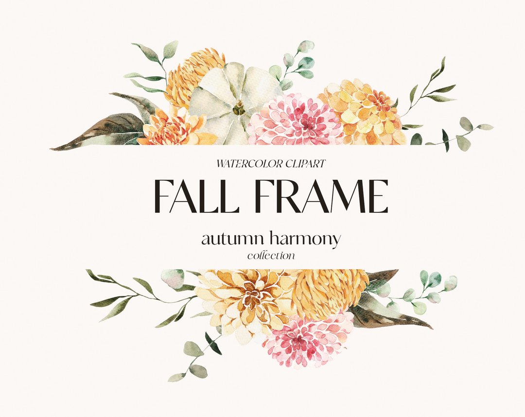 Watercolor Autumn Floral Frame, Autumn Fall Leaves Digital Wreath Clipart - 电子手绘真人画像/绘画/插画 - 其他材质 