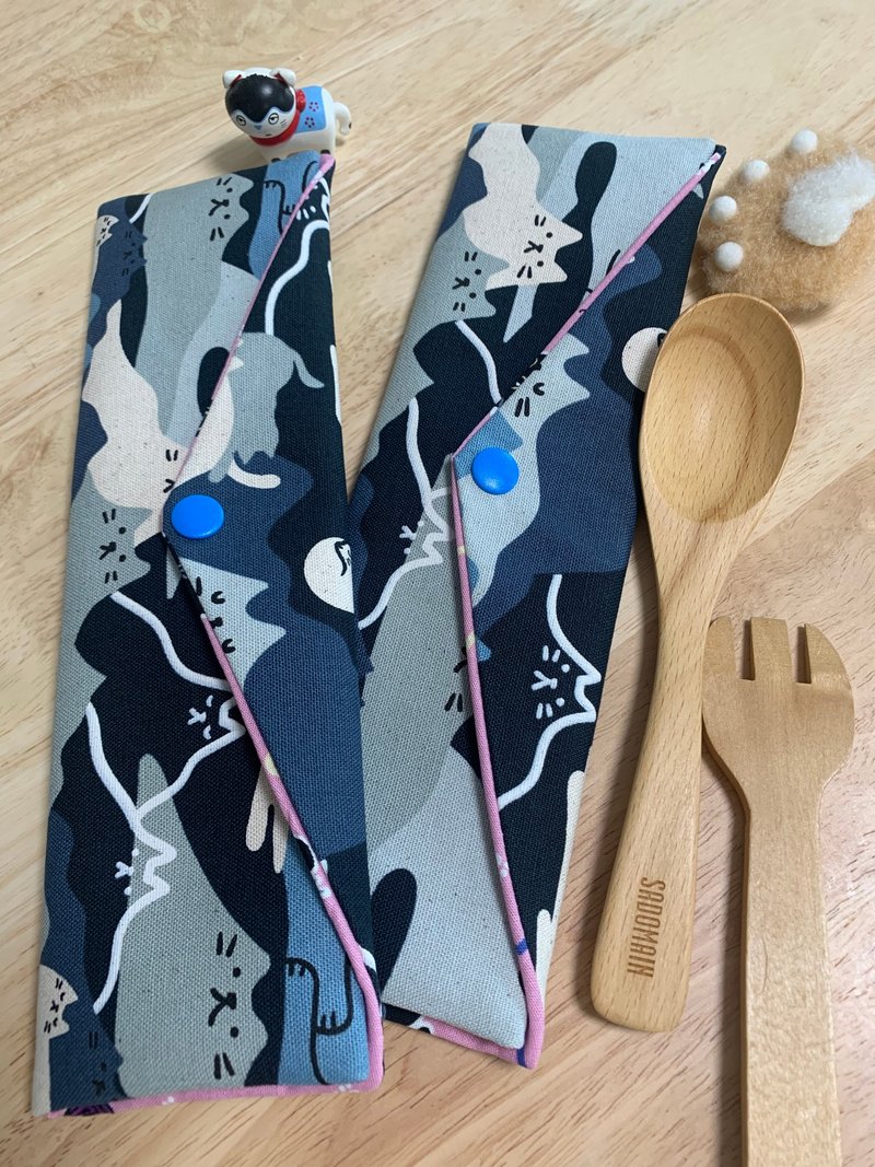 文青风环保纯棉筷袋 悠游猫咪 沈稳蓝 幸福满满 日本 潮物 收纳 - 收纳用品 - 棉．麻 蓝色