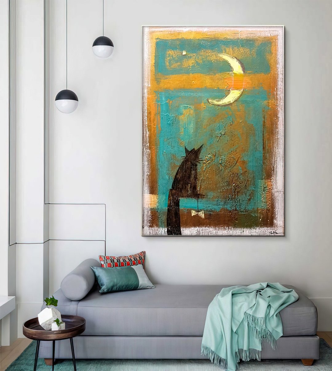 Black Moon Cat Original Abstract Oil Painting Large Wall Art Bedroom Wall Decor - 海报/装饰画/版画 - 亚麻 黑色