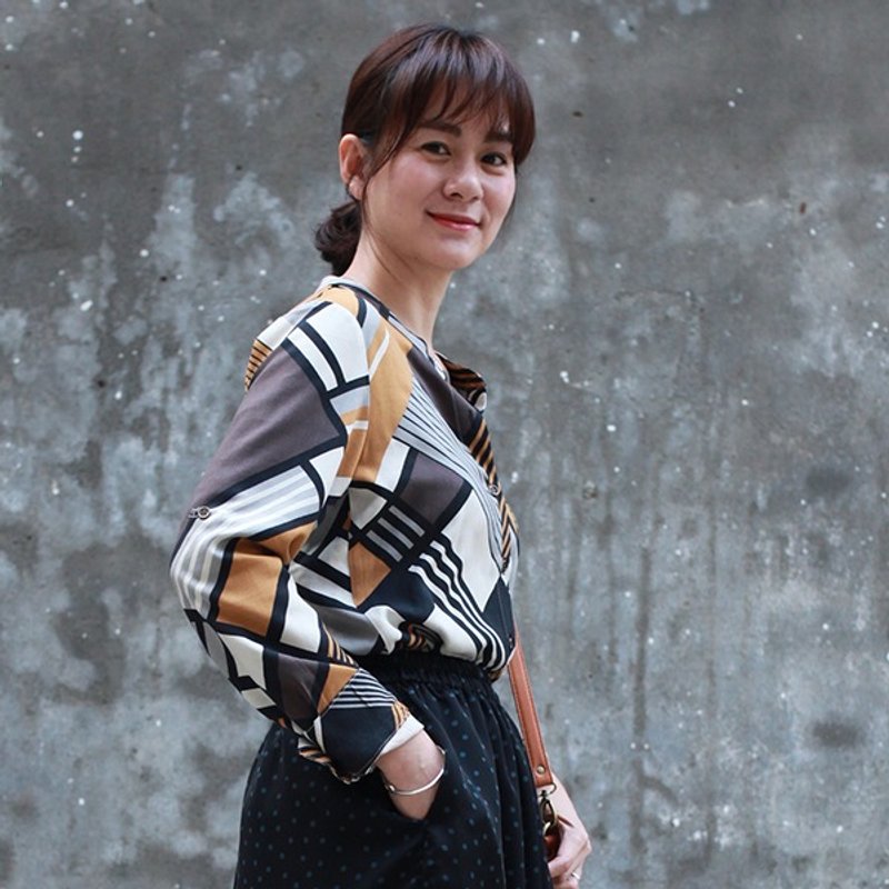 GT蒙德里安几何小立领衬衫 - 女装衬衫 - 棉．麻 橘色