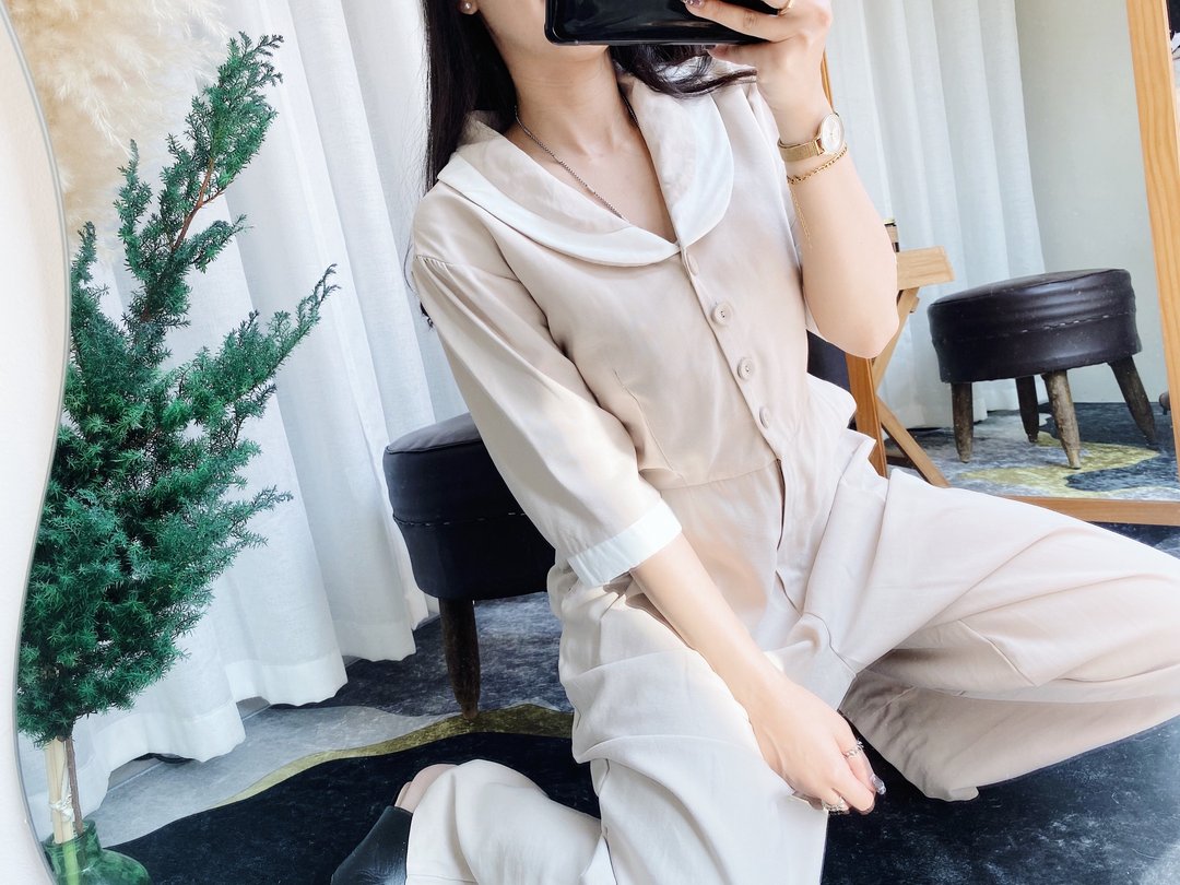 肤x白气质水手领优雅少女 古董丝混纺质连身裤吊带裤 overalls - 背带裤/连体裤 - 丝．绢 白色